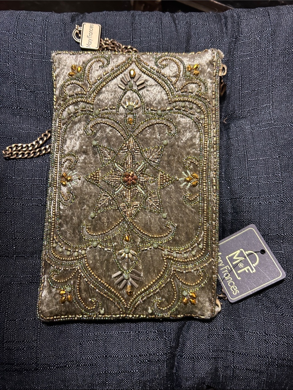 Mary Francis HAND BEADED Velvet Crossbody Clutch Olive Green BRAND NEW WITH TAG - Picture 2 of 16